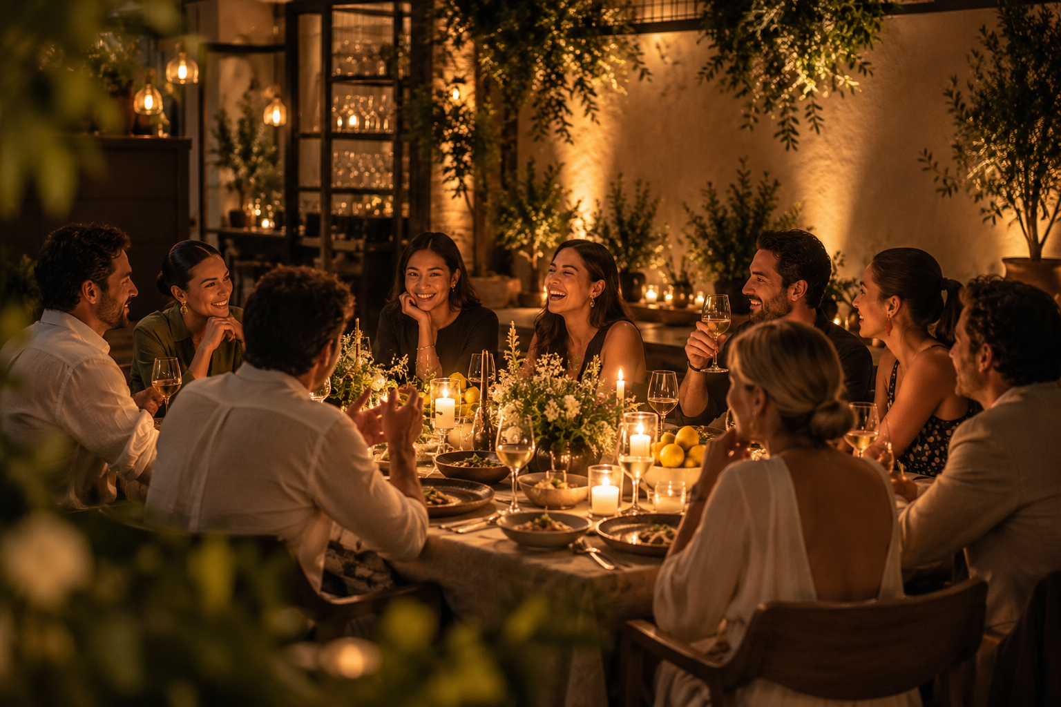 Guests laughing around a long candlelit table in a lantern-lit garden courtyard